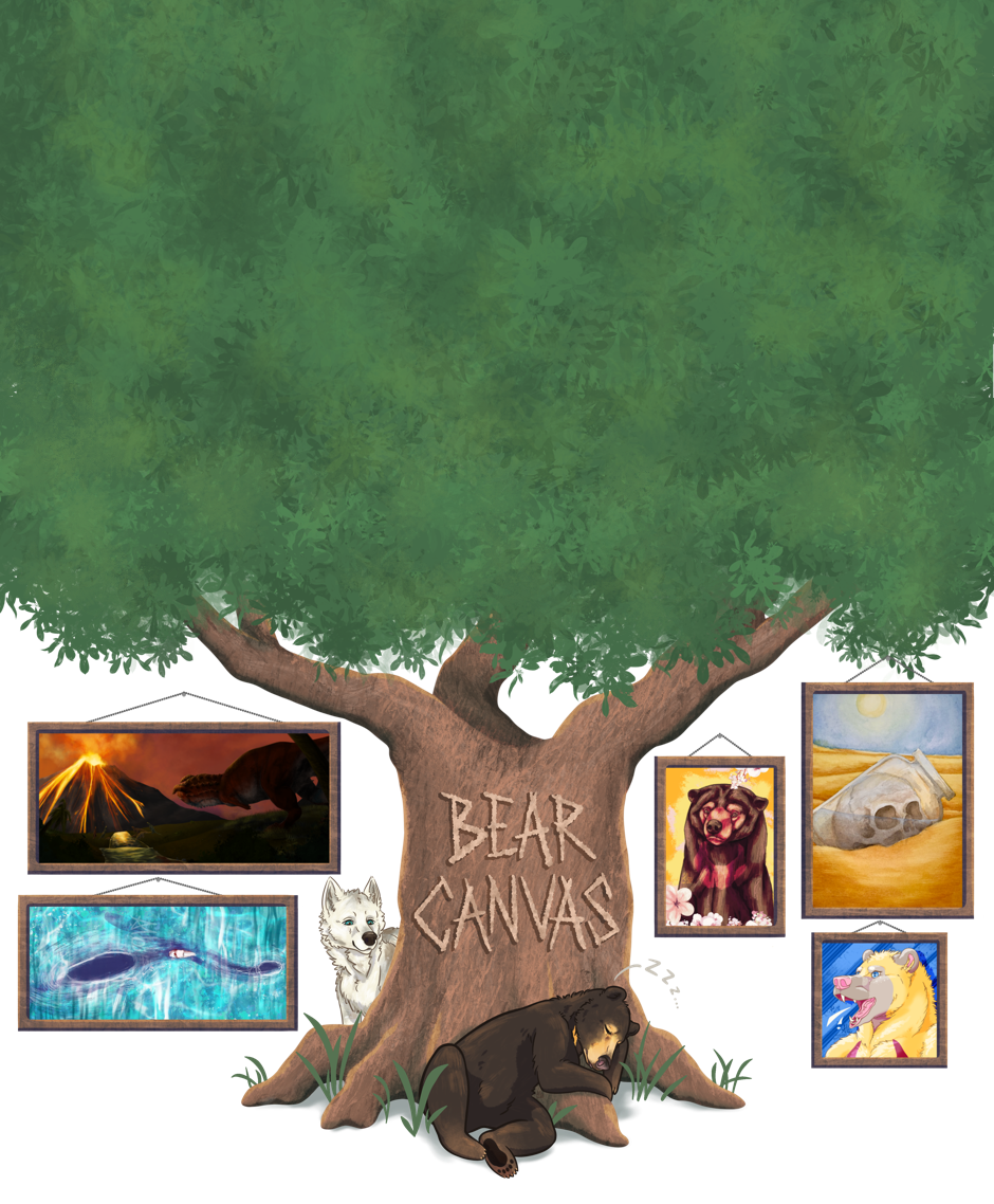 Bear Canvas Artisty carved into an old oak tree. A bear sleeps against the tree trunk, and a wolf looks caringly. Frames of different peices of artwork are hung variously on the website's background.