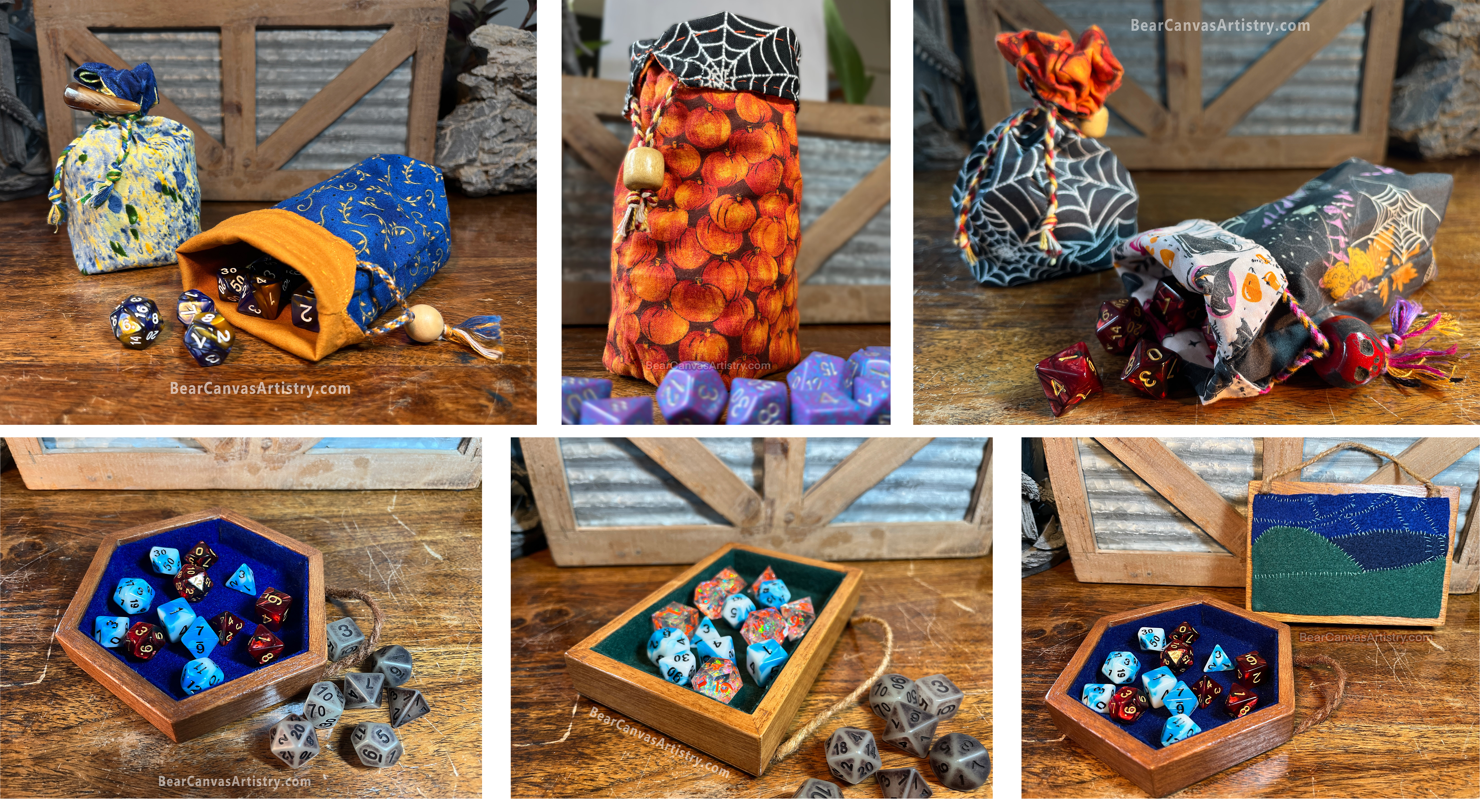 Collage of handmade dice bags and dice trays, for table top role playing games.